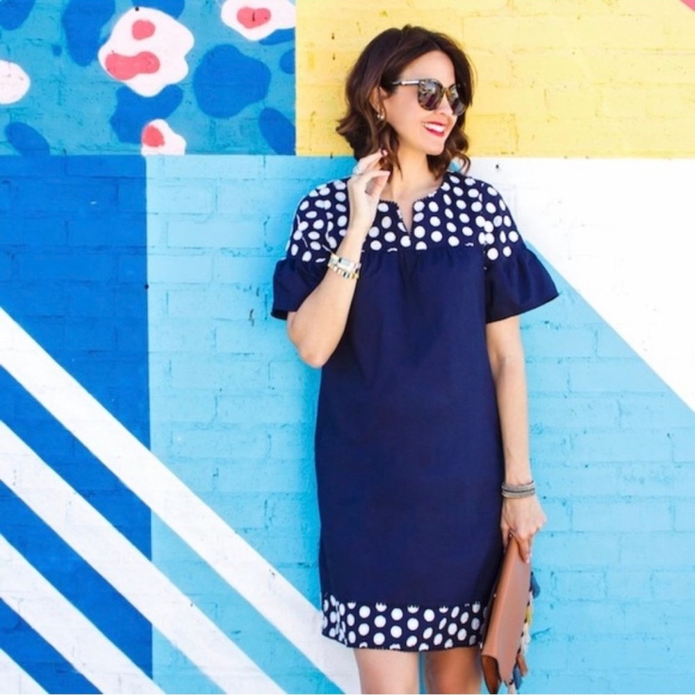 J. Crew Navy Blue and White Bell Sleeve Fringe Polka Dot Dress - 8